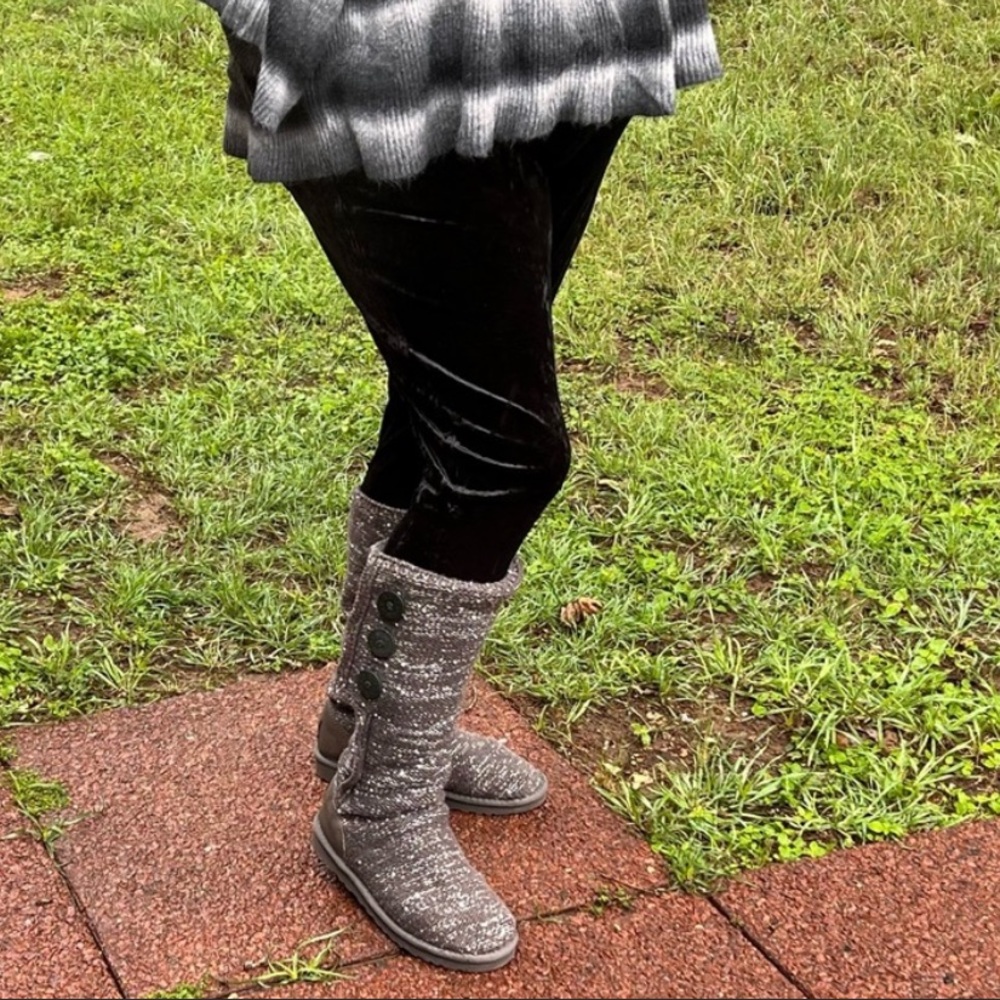 🖤 UGG Classic Cardy Boots Charcoal Gray SILVER SEQUINS! Knit Slouch Tall Size 8
